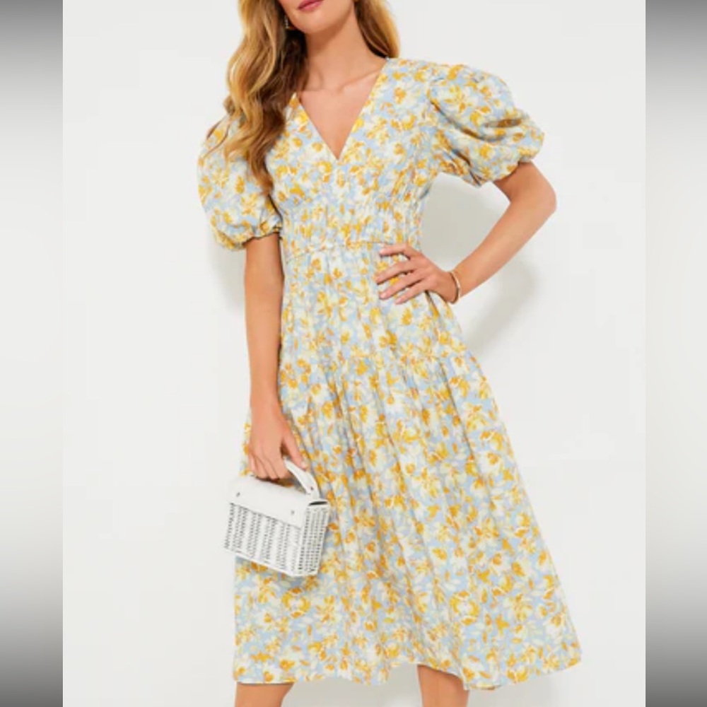 Tuckernuck Hyacinth House Blue and Orange Floral Puff Sleeve Pauline Midi DRess